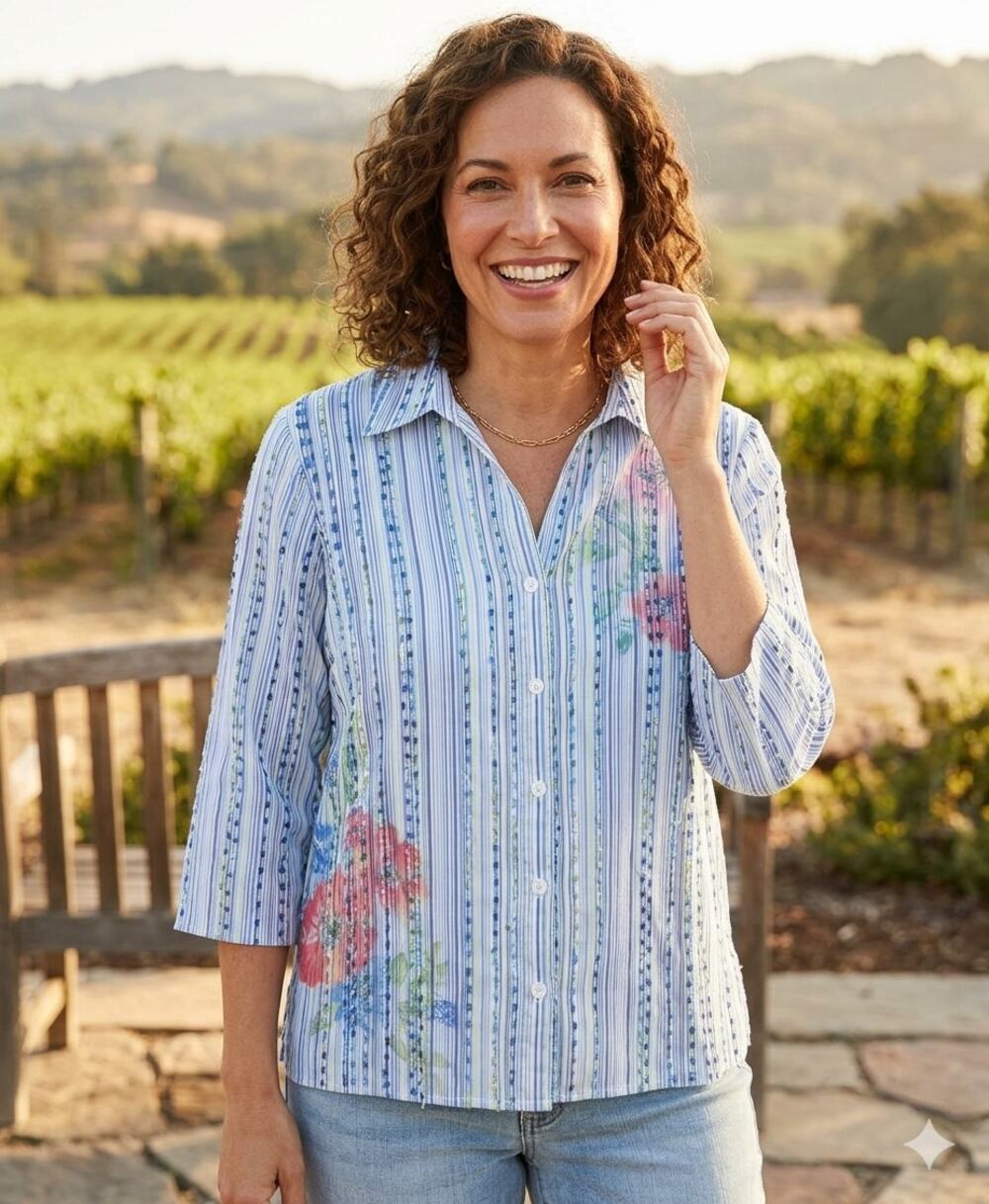 Alfred Dunner Striped Shirt Floral Button Up 3/4 Sleeve Blouse Ribbon Medium M